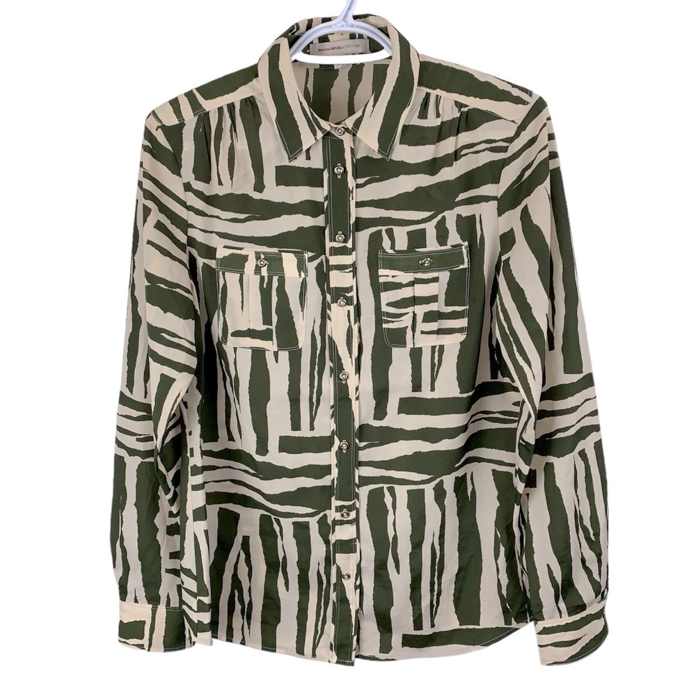 Banana Republic Heritage sz S Green Ivory Blouse Zebra Print Abstract Gold